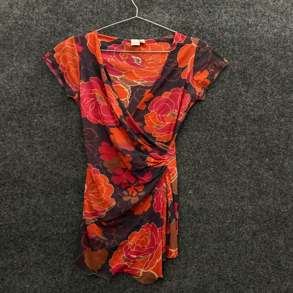 Sweet Pea by Stacy Frati Floral Mesh Surplice Ruched Top Orange Red Brown Medium